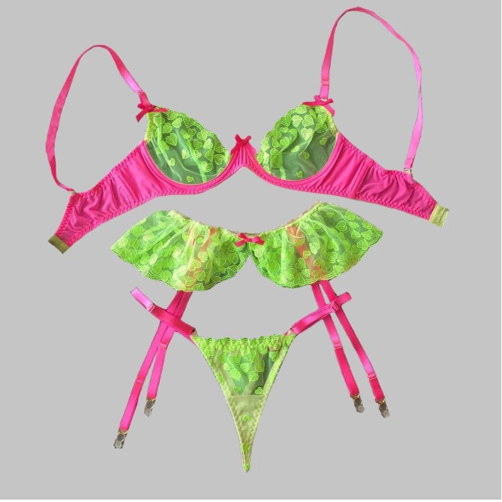 Neon Color 3pc Embroidered Lingerie Set